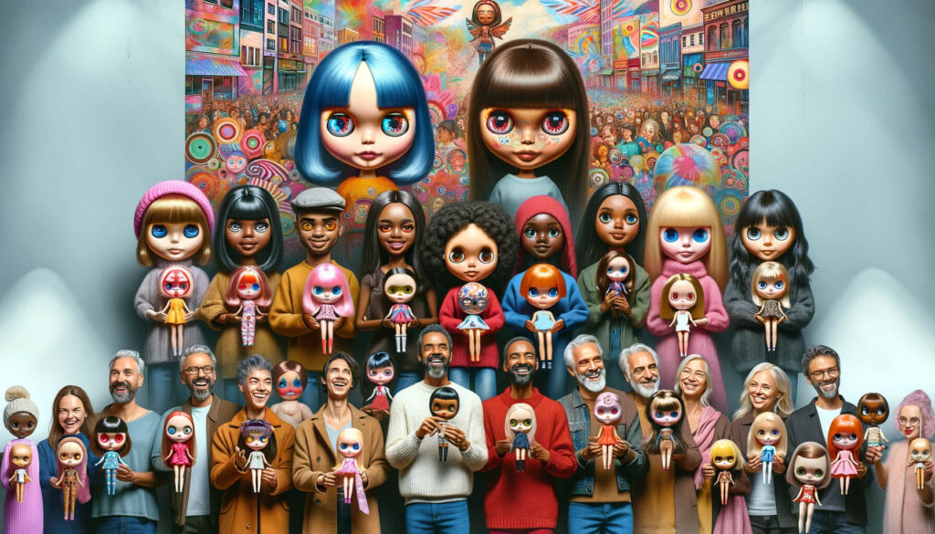 A diverse group of people of different ethnicities, each holding a Blythe doll, standing in front of a colorful and artistic backdrop