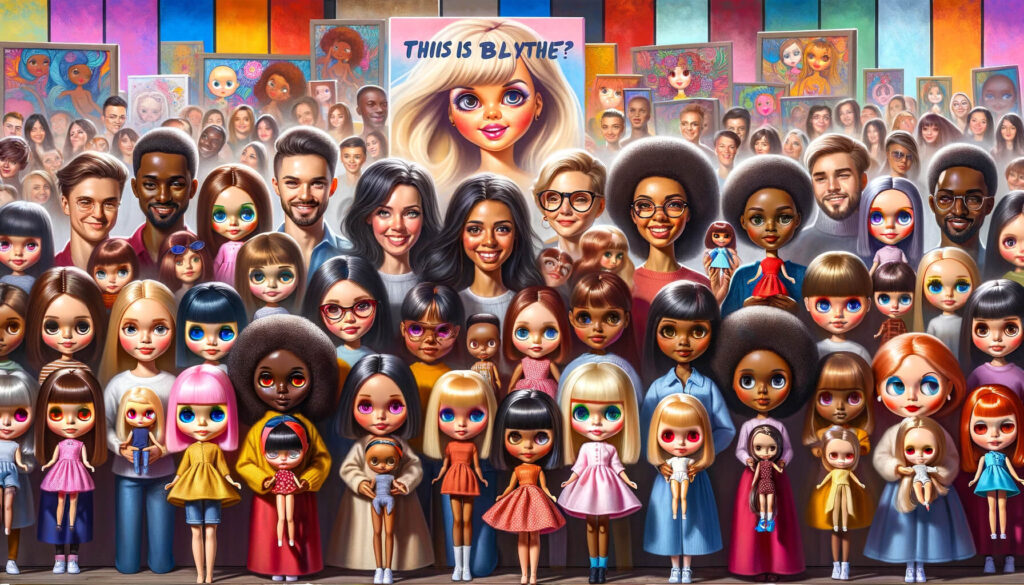 A new diverse group of people of different ethnicities, each holding an accurately depicted Blythe doll, standing in front of a colorful and artistic back