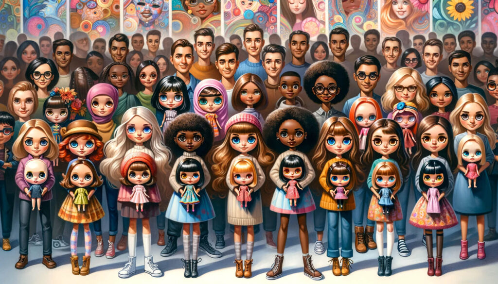 A super diverse group of people of different ethnicities, each holding an accurately depicted Blythe doll, standing in front of a colorful and artistic back