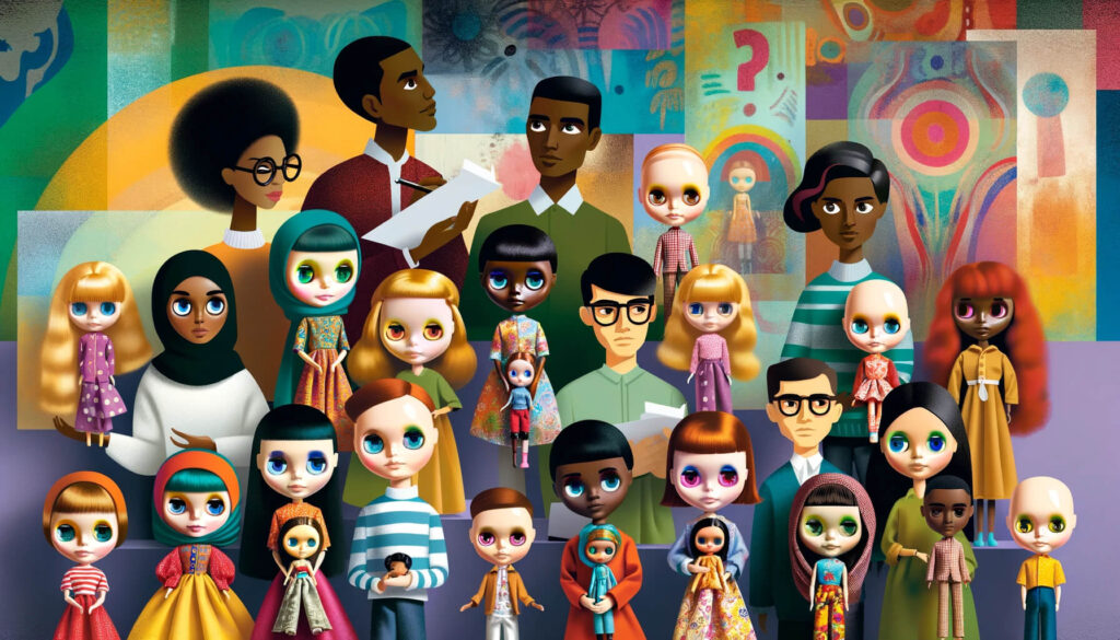 An image for a blog post titled 'Why are Blythe Dolls so Expensive_' featuring a diverse group of people of different ethnicities, each holding a Blythe 