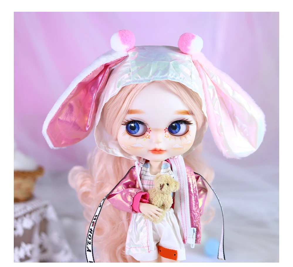 Samantha – Premium Custom Neo Blythe Dukke med lyserødt hår, hvid hud og mat sødt ansigt 9