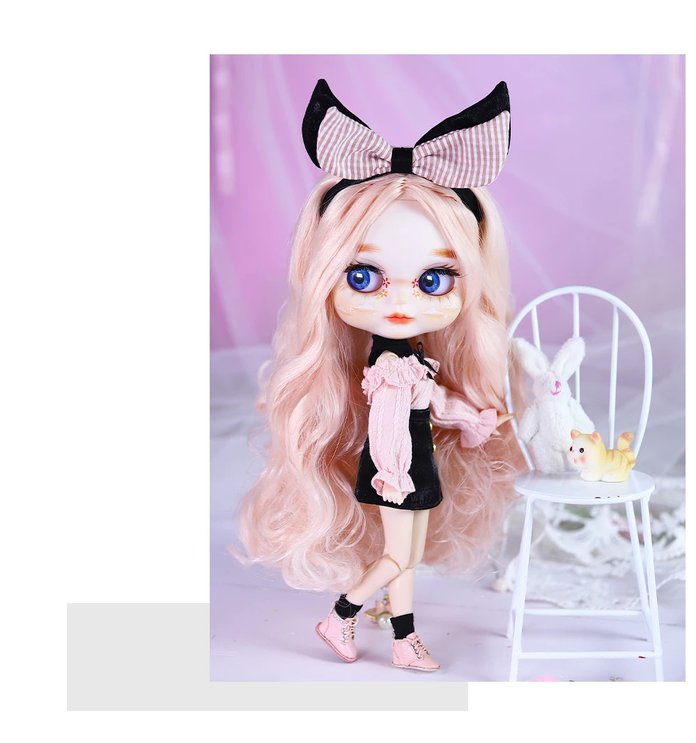 Samantha – Premium Custom Neo Blythe Dukke med lyserødt hår, hvid hud og mat sødt ansigt 11