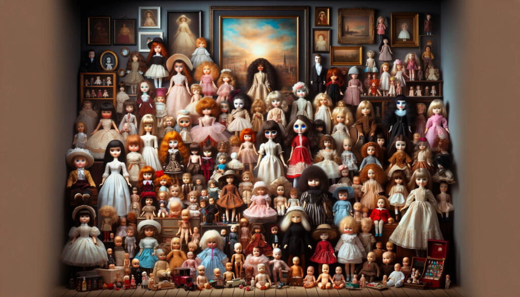 image présentant un large éventail de poupées du monde entier dans un format rectangulaire, englobant Blythe poupées, poupées noires