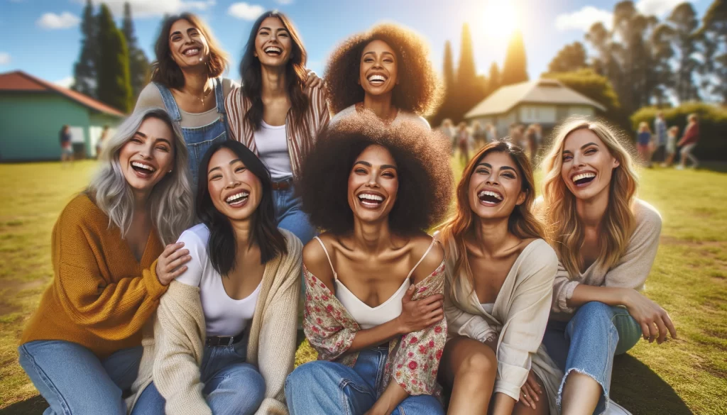 Įvairi moterų grupė iš skirtingų tautybių, saulėtą dieną lauke, trykštanti laime ir pozityvumu