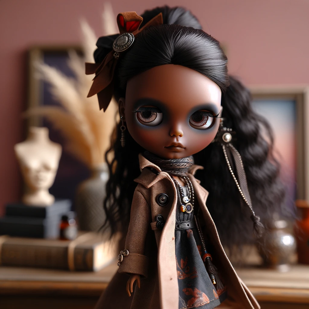 A realistic custom Neo Blythe doll with black skin, featuring intricately detailed attire and accessories. The doll has vibrant, carefully styled hair