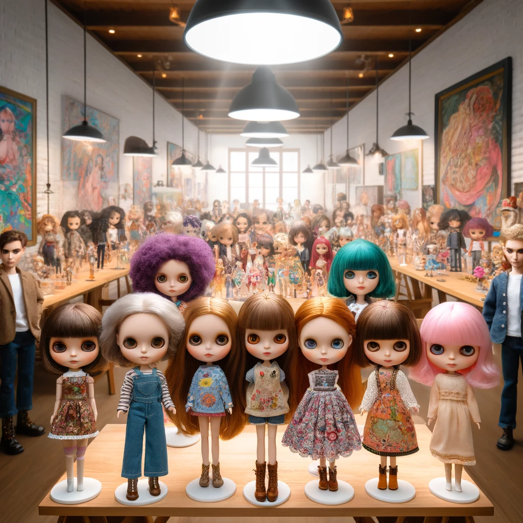 A vibrant doll exhibition space with diverse doll collectors and customizers, both male and female, of different ethnicities