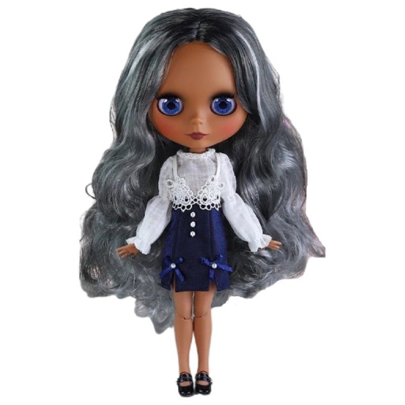 Aria – Premium Custom Neo Blythe Doll with Silver Hair, Dark Skin & Matte Cute Face Cute face Dark skin Matte face Silver hair