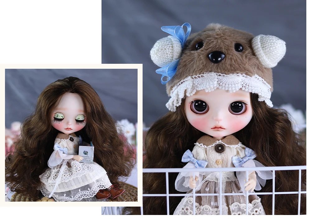 Neo Blythe Doll Brown White Lace Dress with Bear Cap & Socks 5