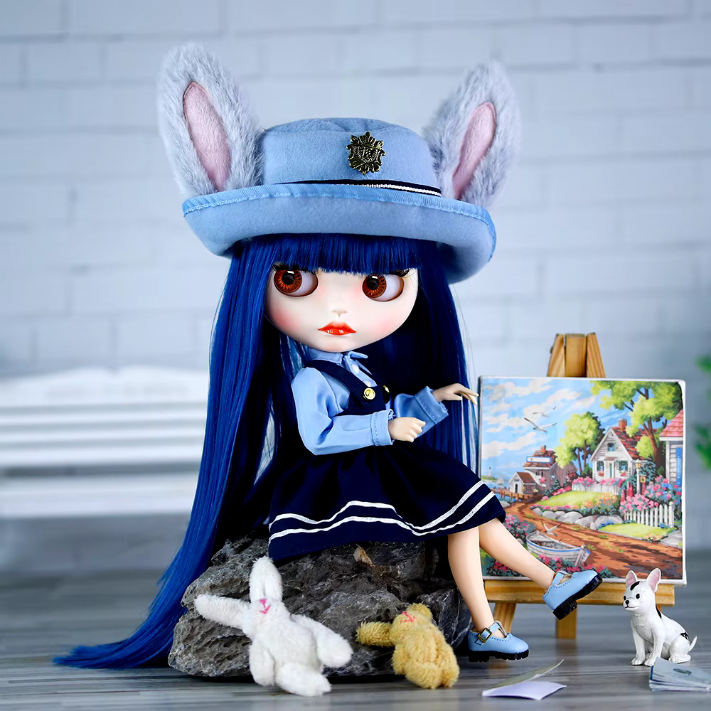 Neo Blythe Doll Fancy Short Overall Skirt Dress with Bunny Hat Blythe doll clothes