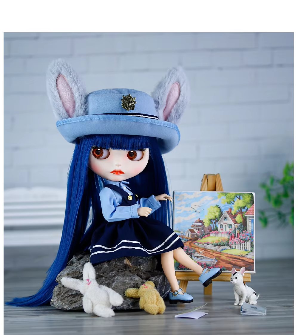 Neo Blythe Doll Fancy Short Overall Skirt Dress with Bunny Hat 3