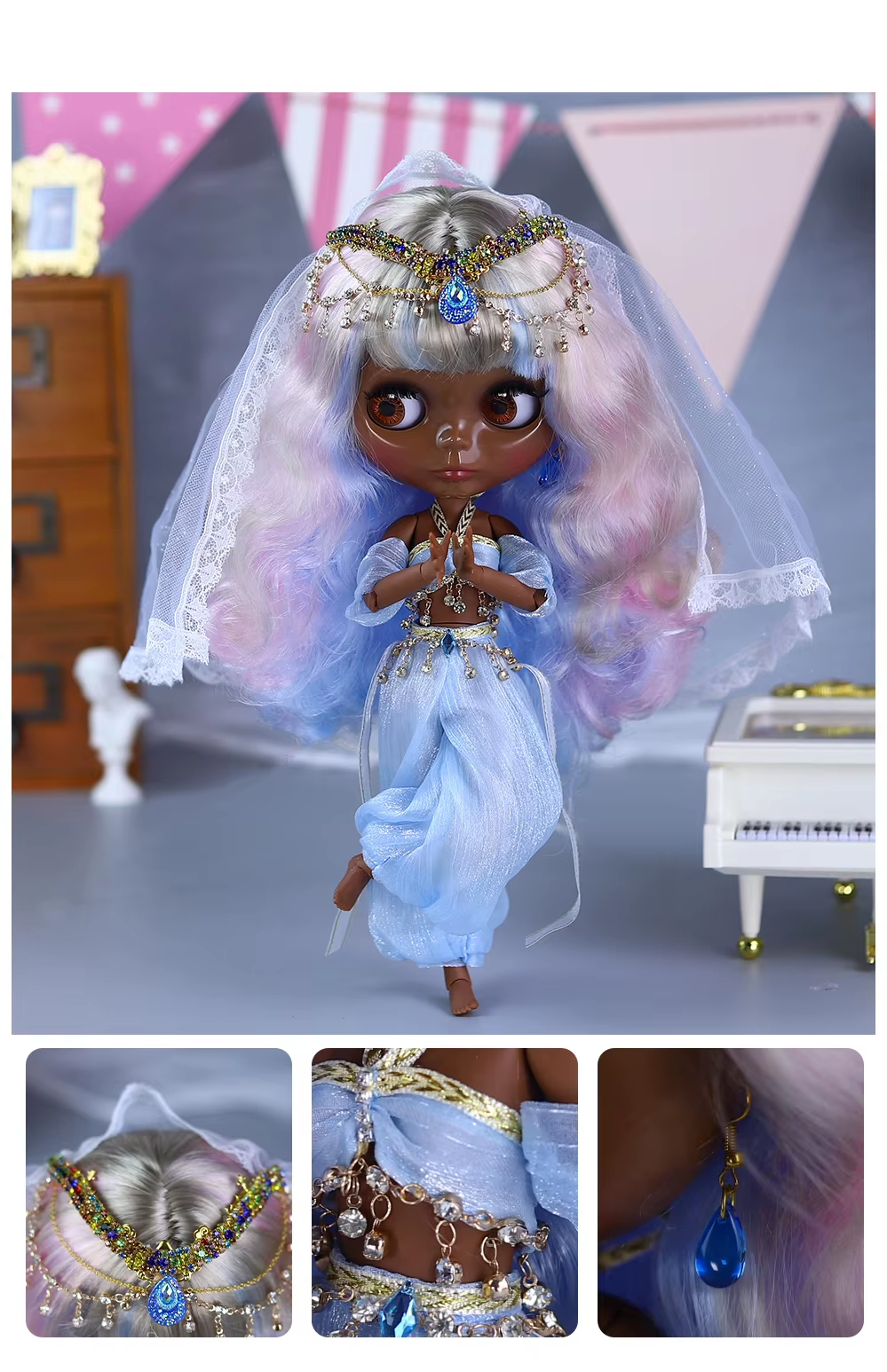 Flora – Premium Custom Neo Blythe Doll with Multi-Color Hair, Black Skin & Shiny Cute Face 5