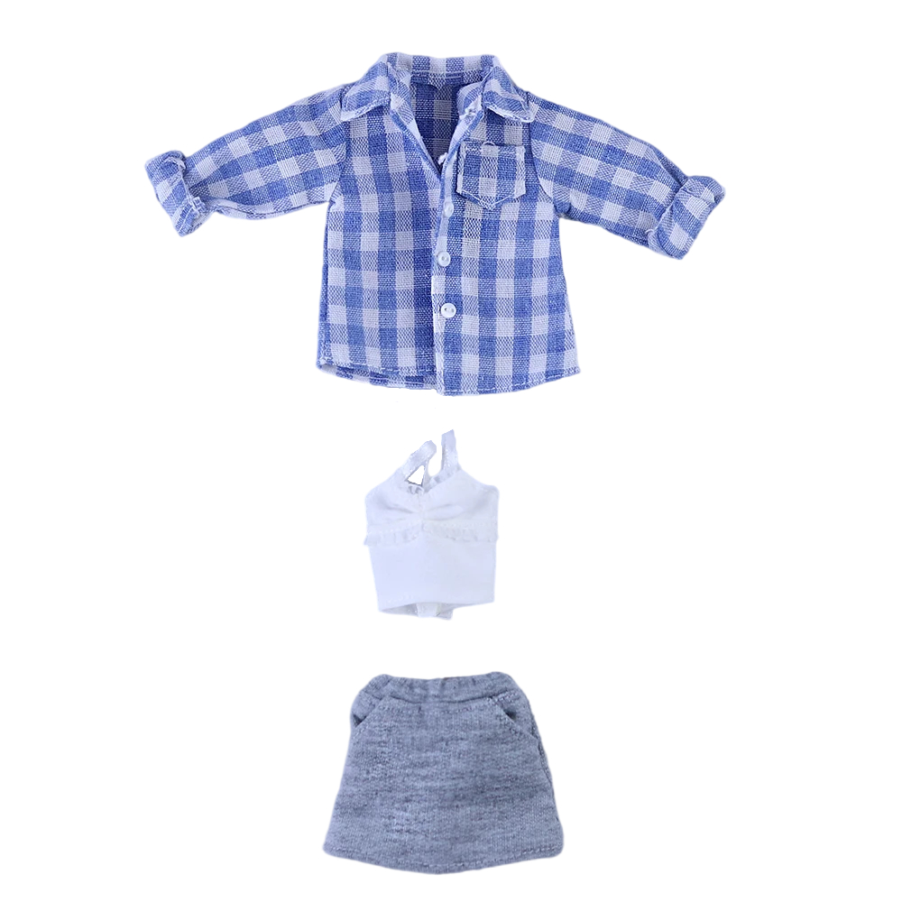 Neo Blythe Doll Checkered Shirt, White Cami & Grey Skirt Outfit Blythe doll clothes