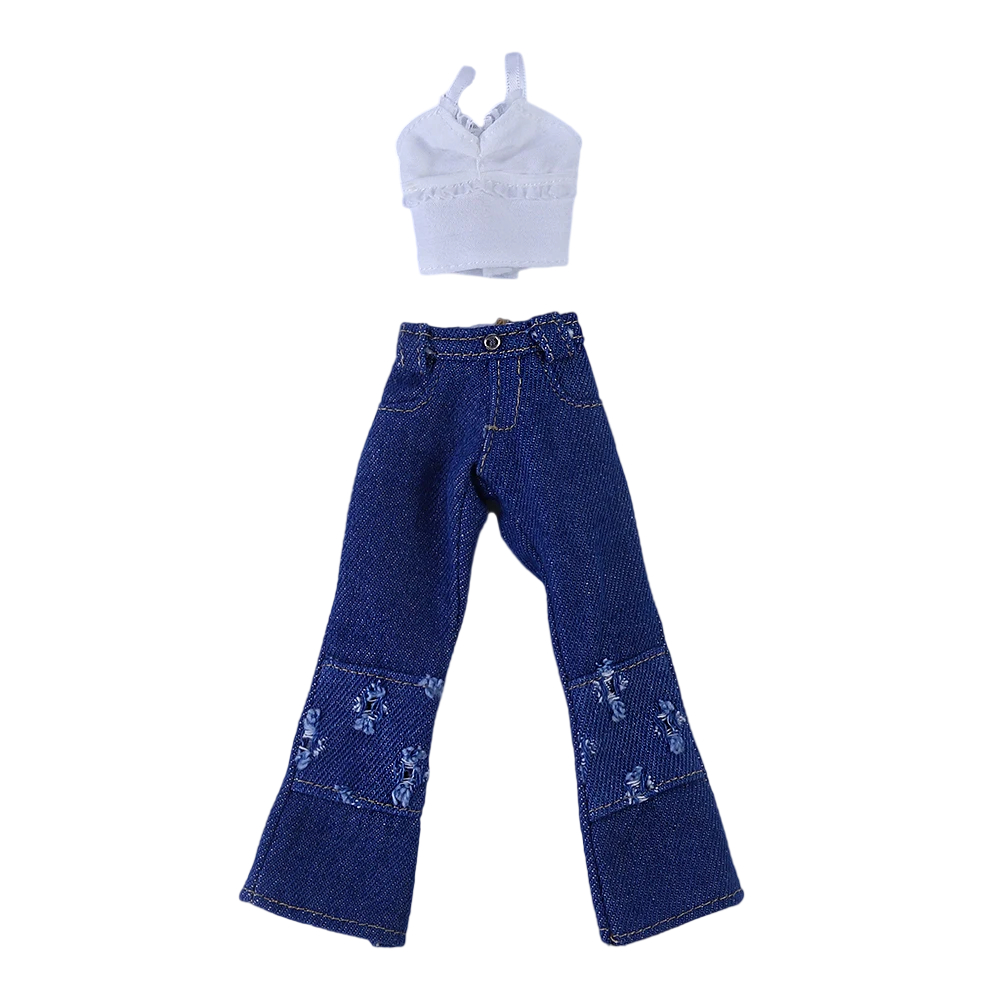 Neo Blythe Doll White Cami Top & Floral Patch Denim Pants Outfit Blythe doll clothes Neo Blythe Doll White Cami Top & Floral Patch Denim Pants Outfit Blythe doll clothes