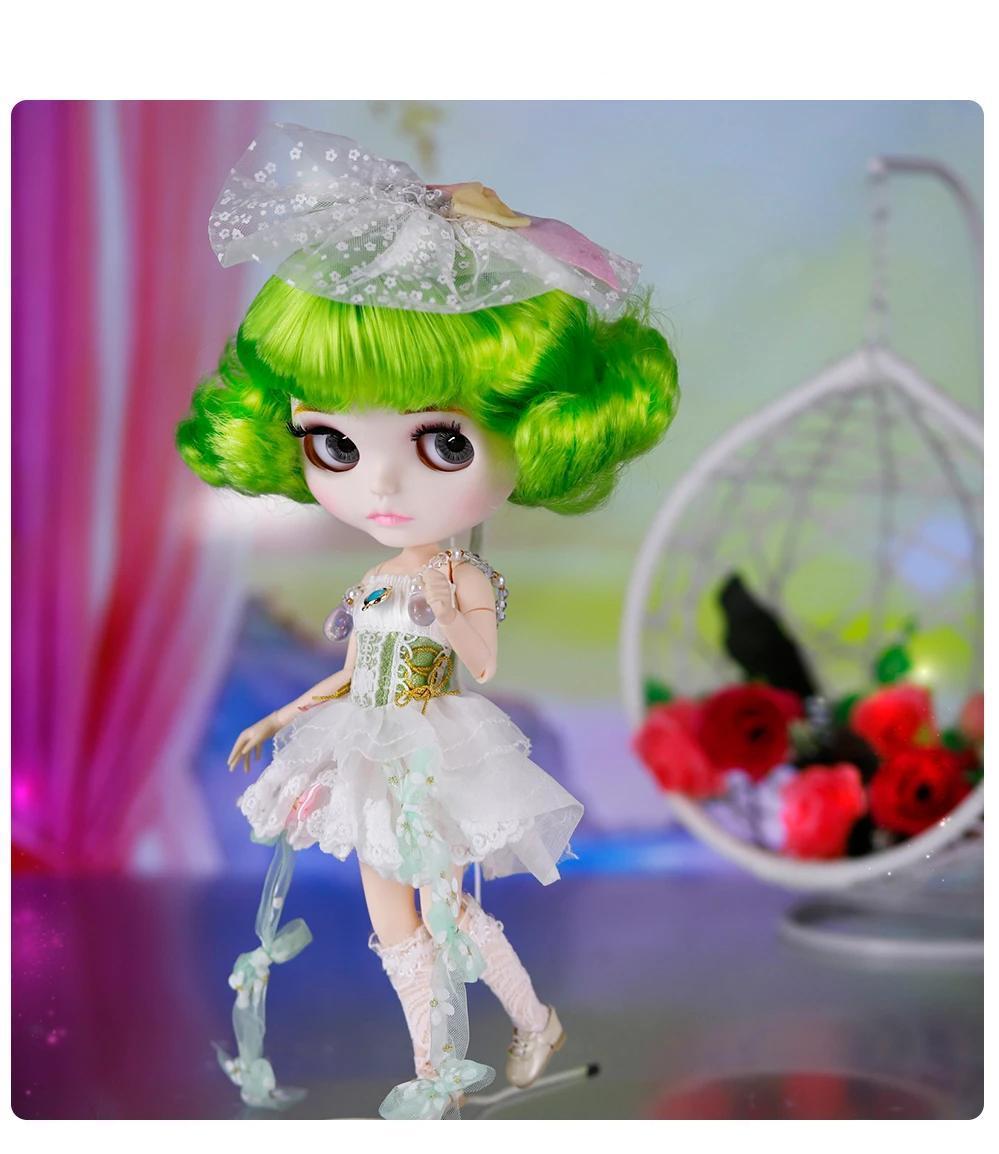Neo Blythe Doll with Green Hair, White Skin, Matte Cute Face & Custom Jointed Body 1 Neo Blythe Doll with Green Hair, White Skin, Matte Cute Face & Custom Jointed Body 1