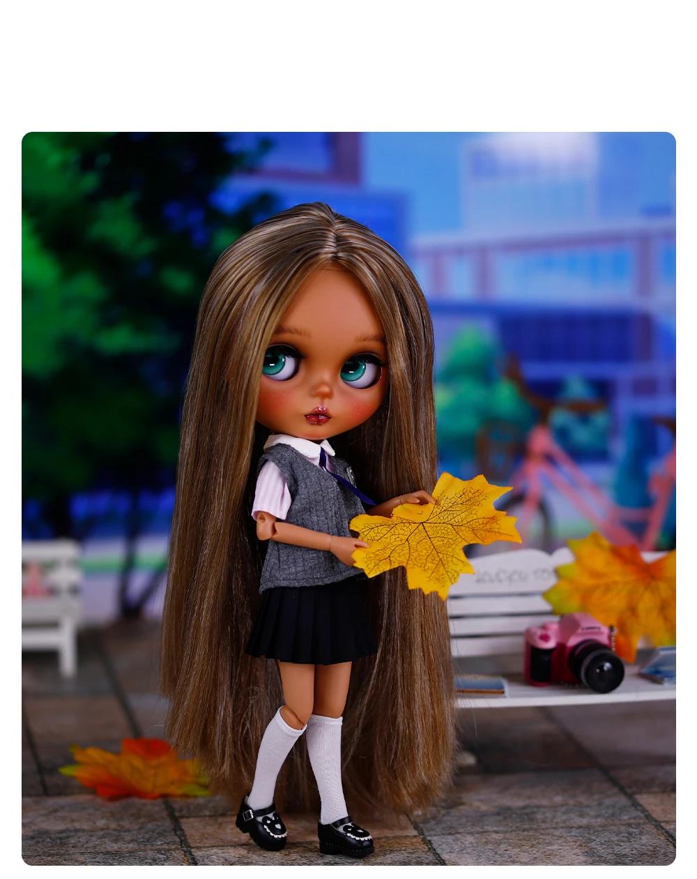 Handmade custom Blythe doll dressed in a studio outfit, polaroid style photo