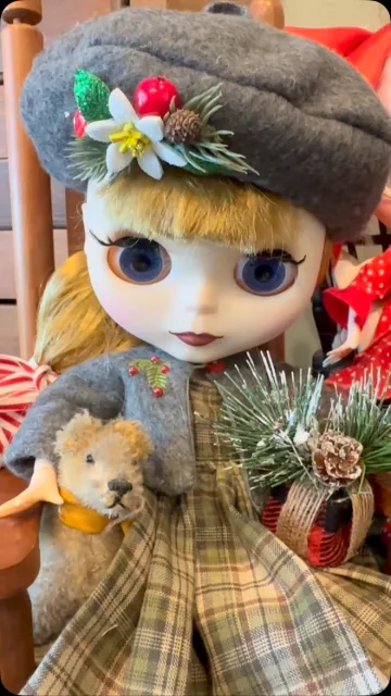 Custom Blythe doll in a holiday beret holding a teddy bear