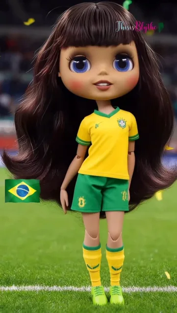 Custom Blythe doll wearing a Brazil football jersey