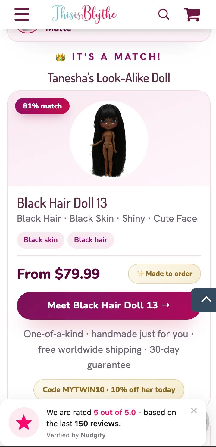 What Blythe Doll Do I Look Like? The New Look-Alike Finder, Step by Step 8 Blythe doll look-alike results page showing the inputs and the closest match