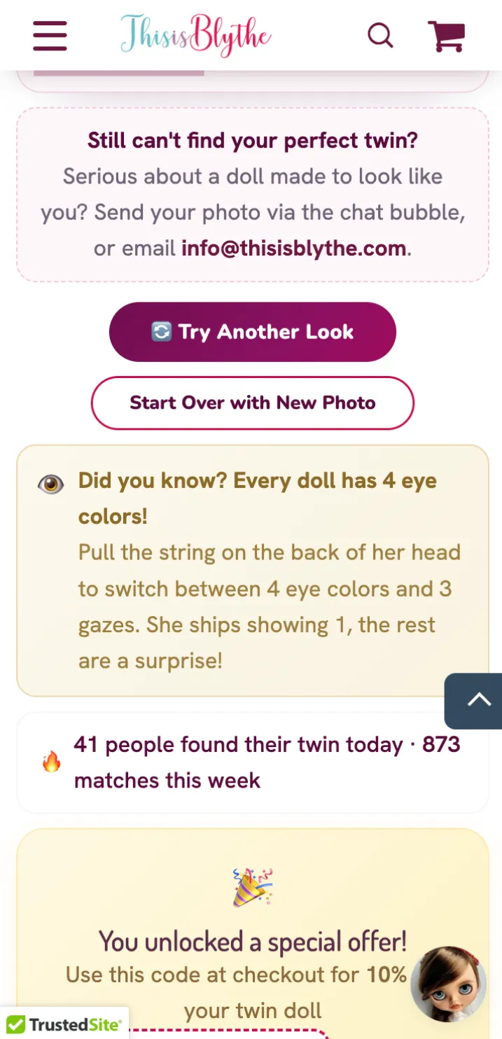 What Blythe Doll Do I Look Like? The New Look-Alike Finder, Step by Step 11 Finishing options in the finder: contact us, try another look, or start over