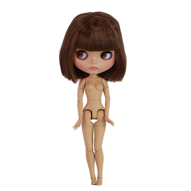 Neo Blythe Doll with Brown Hair, Tan Skin, Matte Cute Face & Custom Jointed Body