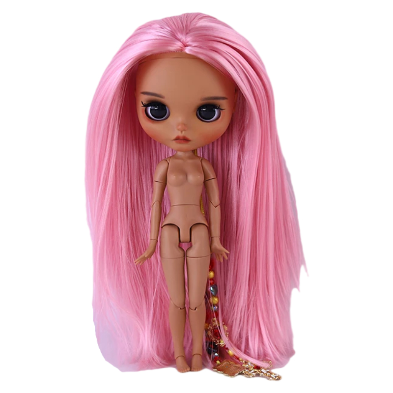 Neo Blythe Doll with Pink Hair, Tan Skin, Matte Cute Face & Custom Jointed Body