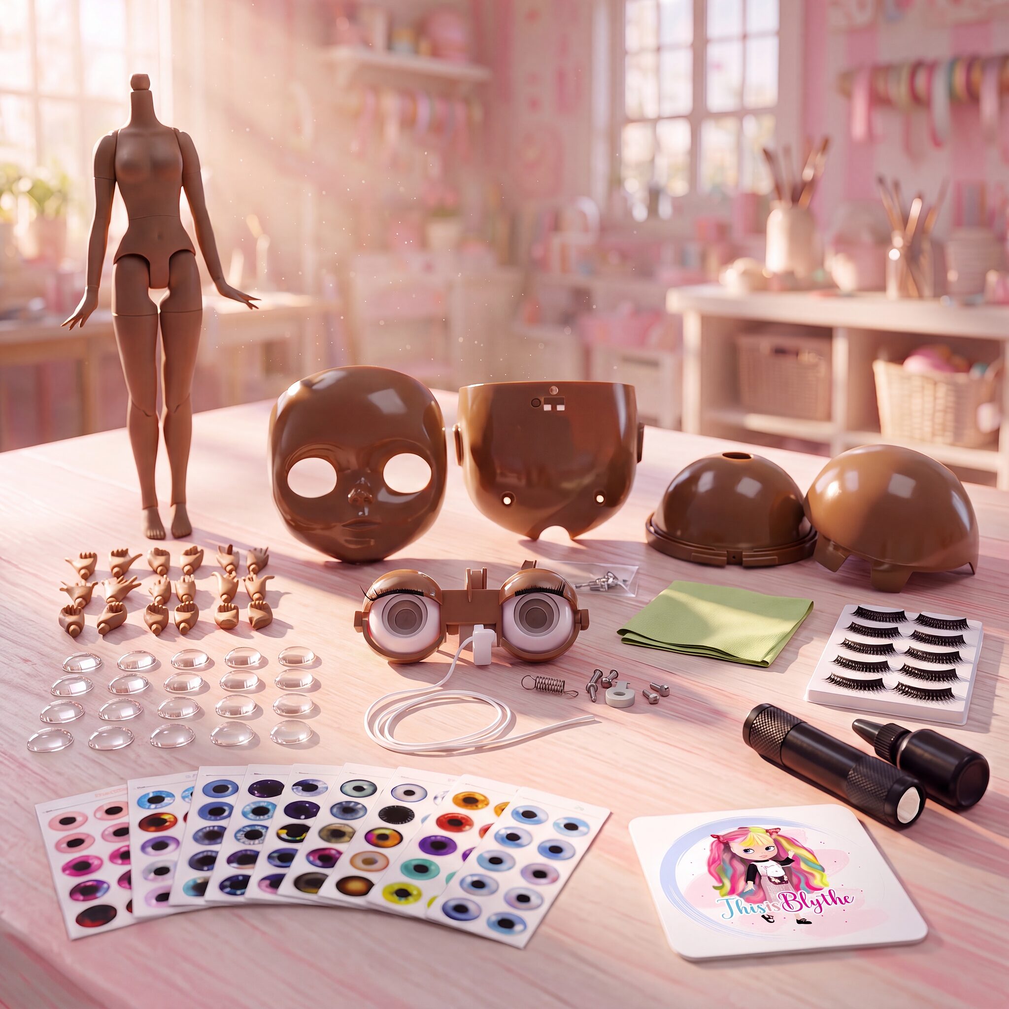 Blythe Doll Making Kit, Black Skin Tone Custom Blythe doll making kit in black skin tone with deep brown jointed body, faceplate, scalp domes and eye mechanism