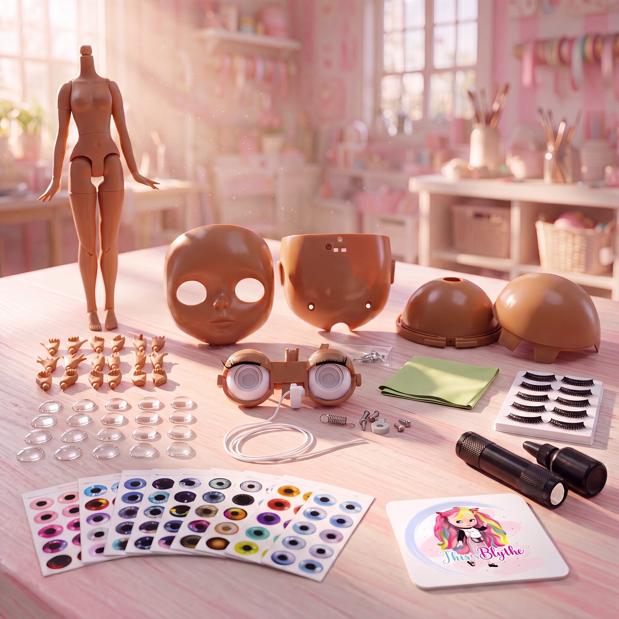 Blythe Doll Making Kit, Dark Skin Tone Custom Blythe doll making kit in dark skin tone showing jointed body, faceplate, backplate, scalp domes and eye mechanism
