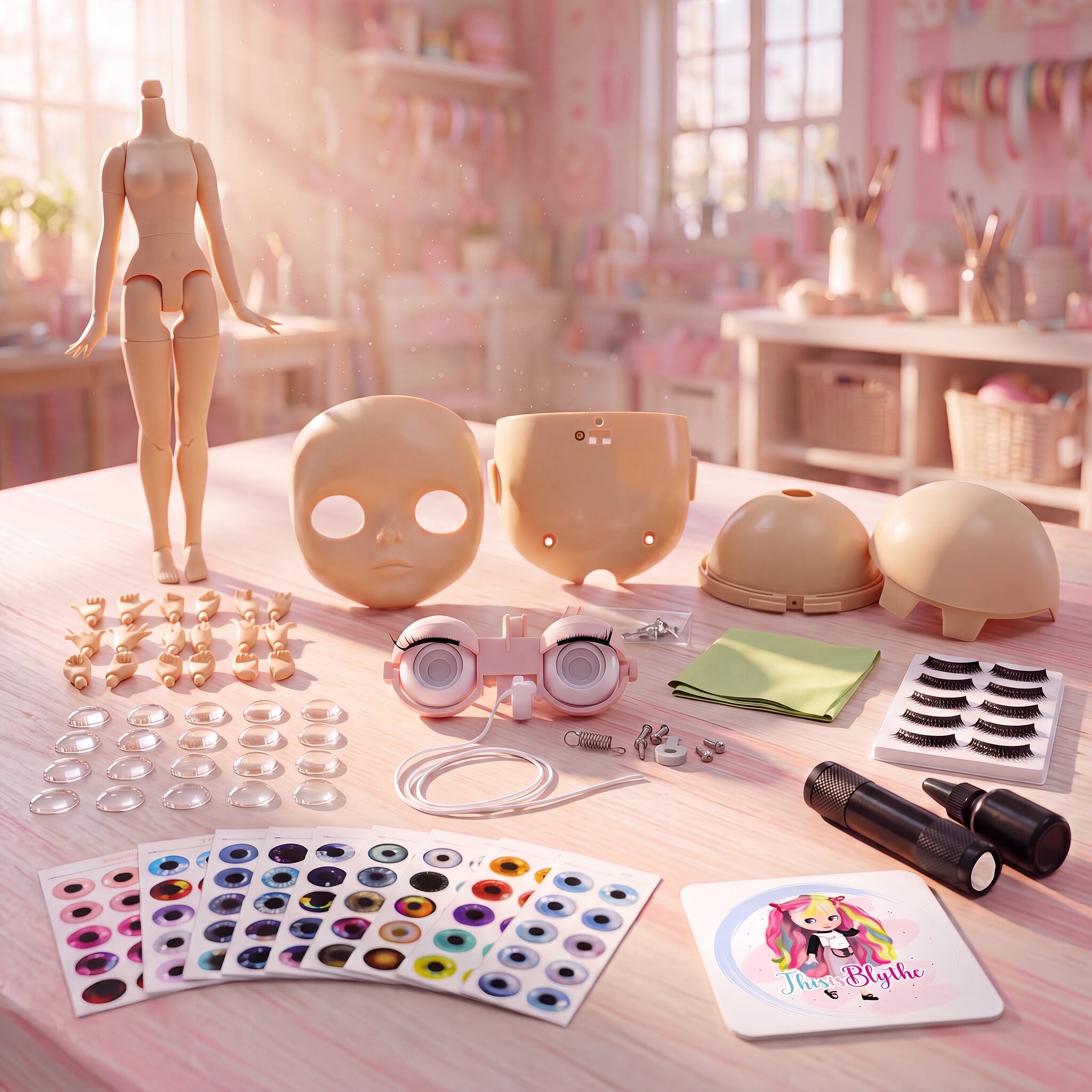 Blythe Doll Making Kit, Natural Skin Tone Custom Blythe doll making kit in natural skin tone showing doll body, faceplate, backplate, domes, eye mechanism and accessories