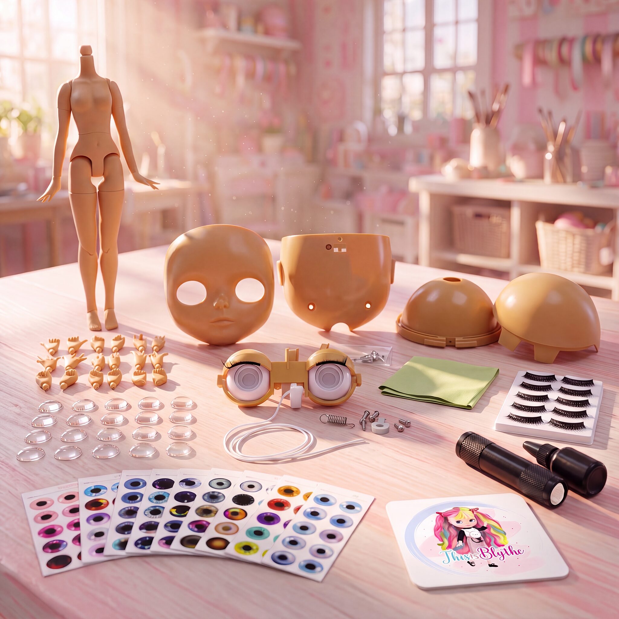 Blythe Doll Making Kit, Tan Skin Tone Custom Blythe doll making kit in tan skin tone with jointed body, faceplate, scalp domes, eye mechanism, eye chips and lashes