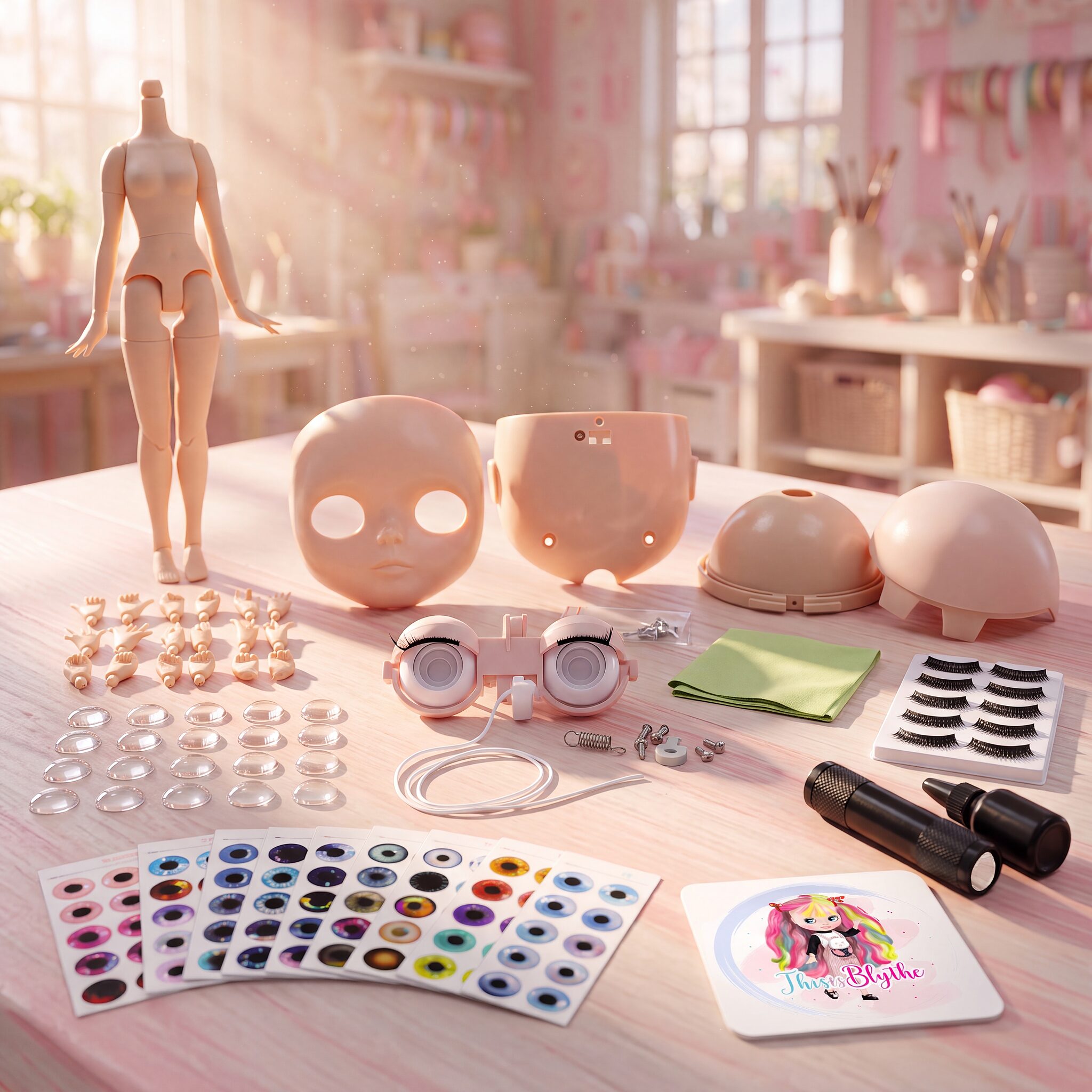 Blythe Doll Making Kit, White Skin Tone Custom Blythe doll making kit in white skin tone with jointed body, faceplate, scalp domes, eye mechanism, eye chips and tools