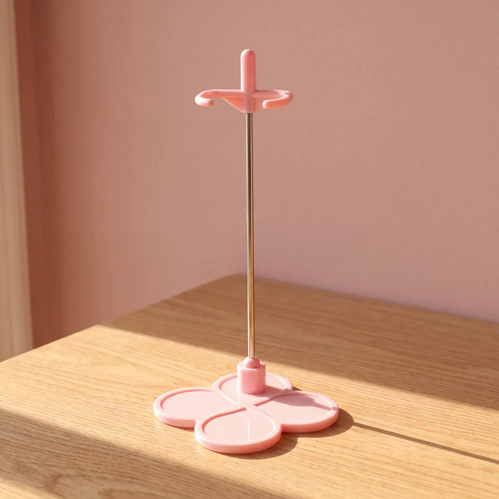 Neo Blythe Colorful Doll Stand 3 Pink Blythe doll stand for Neo Blythe dolls on a wooden table