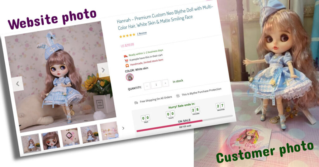 What we show is what you get: customer received doll next to the website listing photo